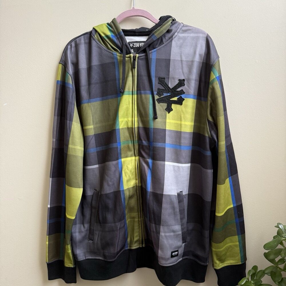 Zoo York Hoodie Plaid  Unisex Long Sleeves Zip Front Preppy Size XL